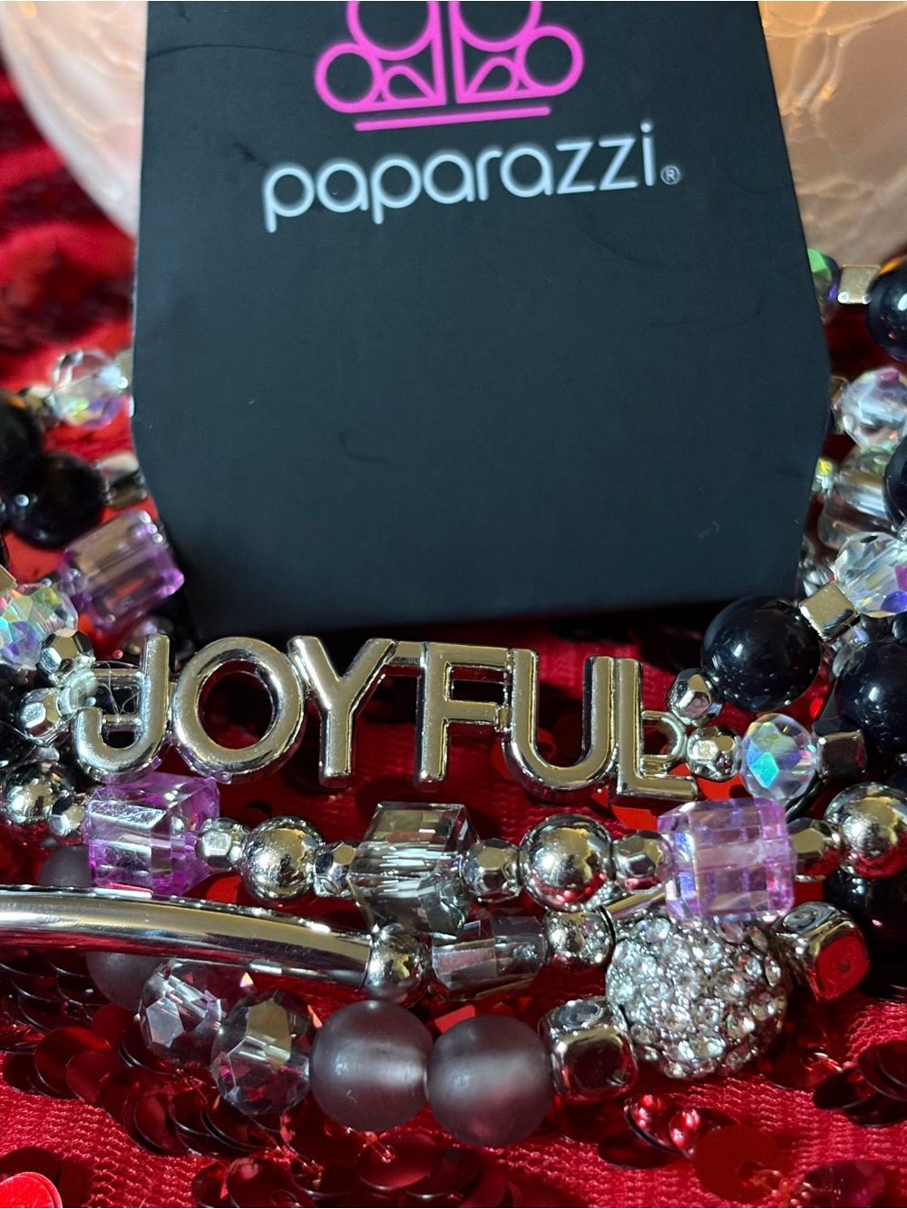 paparazzi Silver 'JOYFUL' Charm Bracelet Set with Purple, Black, Clear Beads